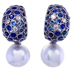 #5538SAPHG - Rhinestone Pear V Pearl Drop Earrings - Sapphire Gold Plated