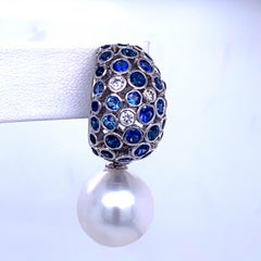 South Sea Pearl Diamond Sapphire Dome Drop Earrings 6.96 Carat 18K White Gold