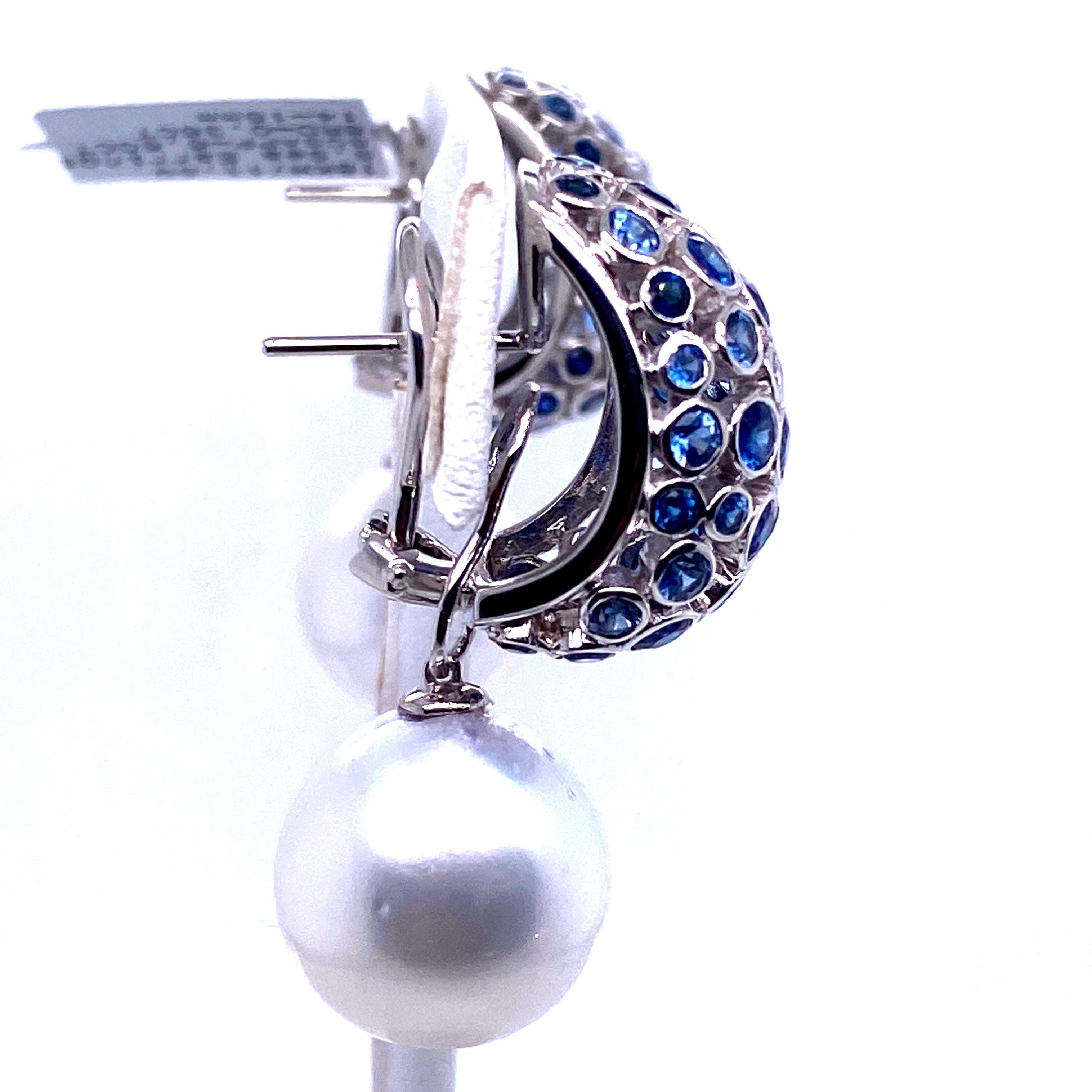 Contemporary South Sea Pearl Diamond Sapphire Dome Drop Earrings 6.96 Carat 18K White Gold For Sale
