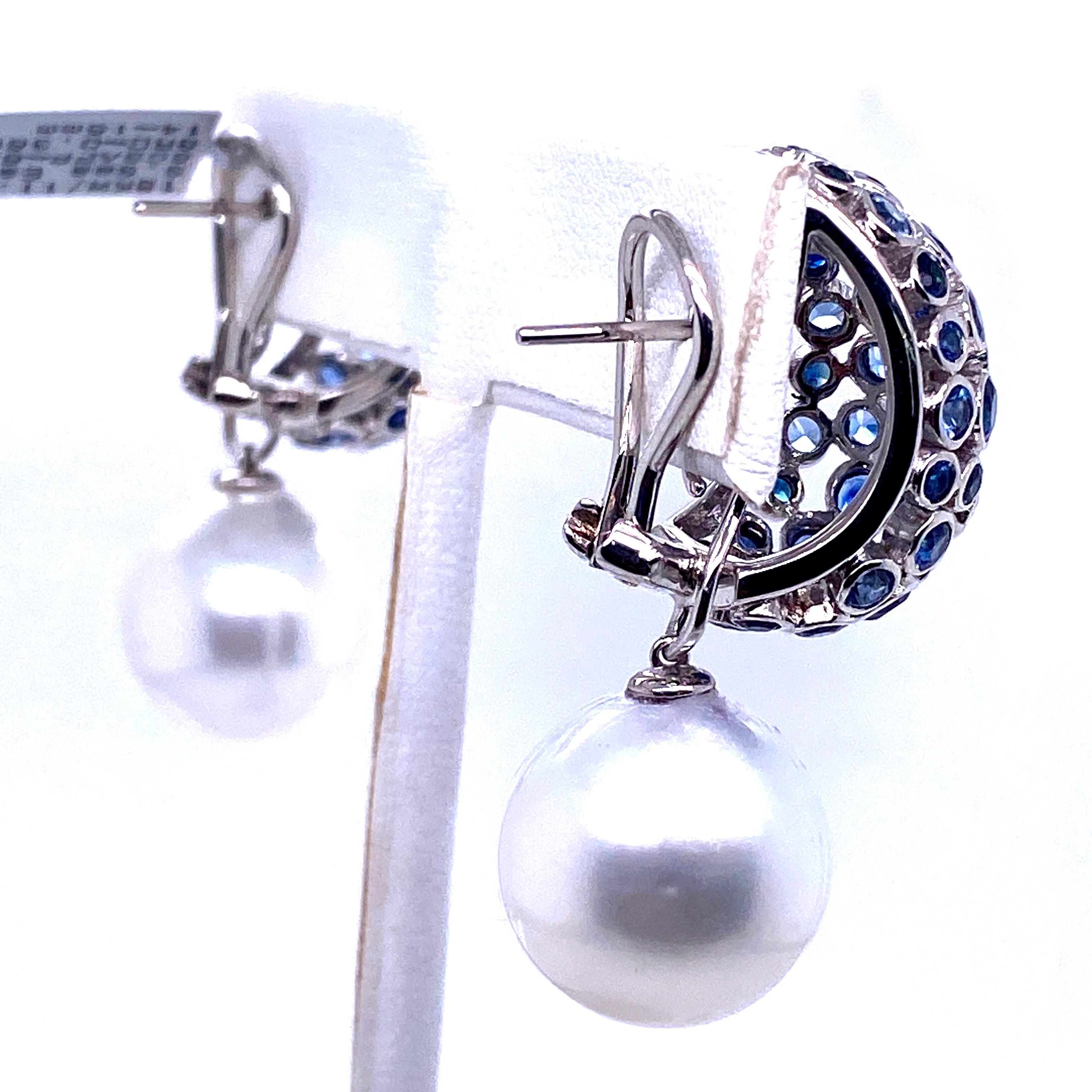 Round Cut South Sea Pearl Diamond Sapphire Dome Drop Earrings 6.96 Carat 18K White Gold For Sale