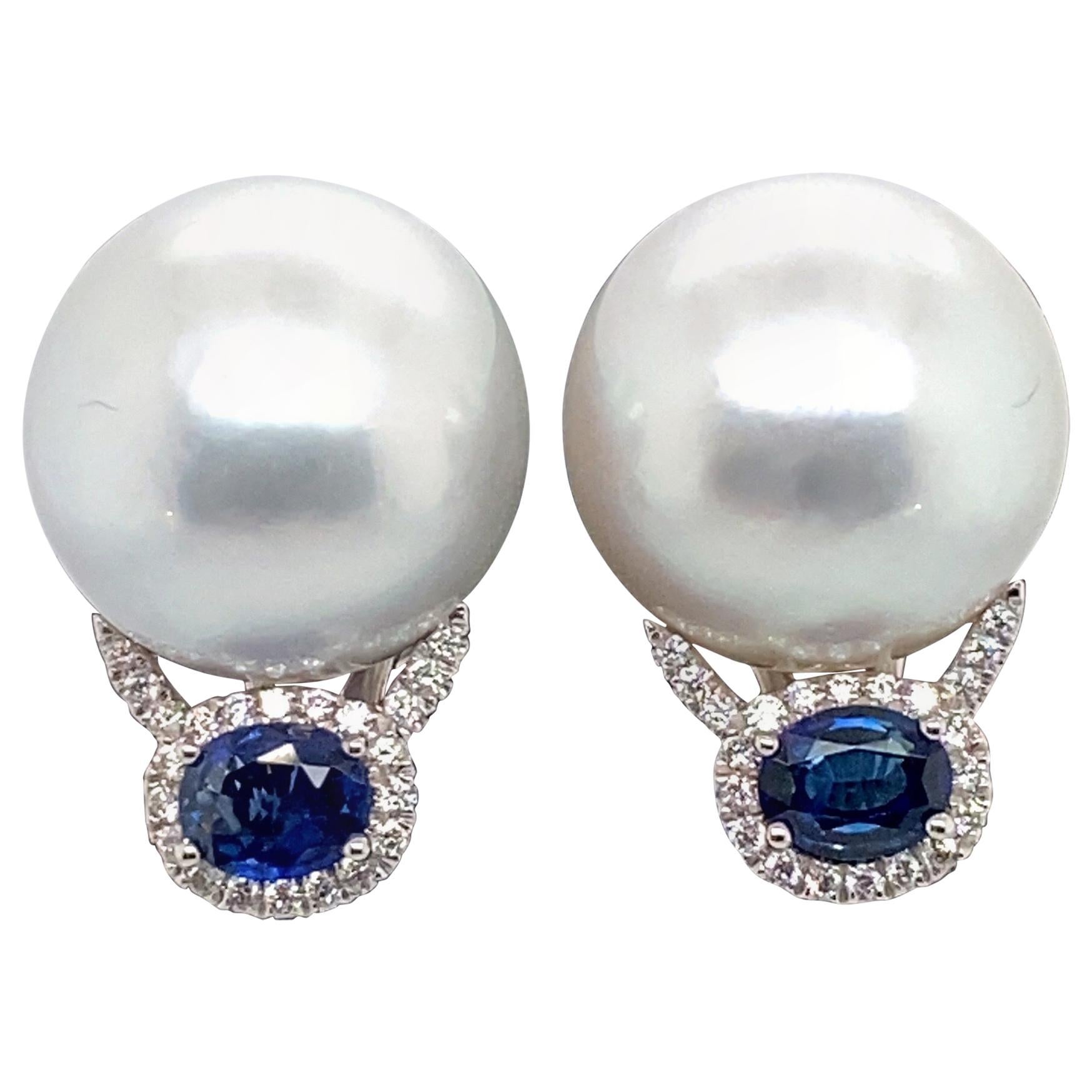 HARBOR D. South Sea Pearl Diamond Sapphire Drop Earrings 0.99 Carat  For Sale