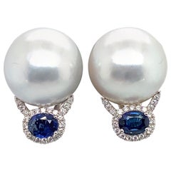 HARBOR D. South Sea Pearl Diamond Sapphire Drop Earrings 0.99 Carat