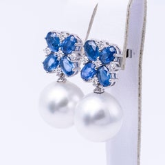 Südseeperlen-Diamant- und Saphir-Tropfen-Ohrringe 4,92 CTTW 18KT Gold 13-14 MM