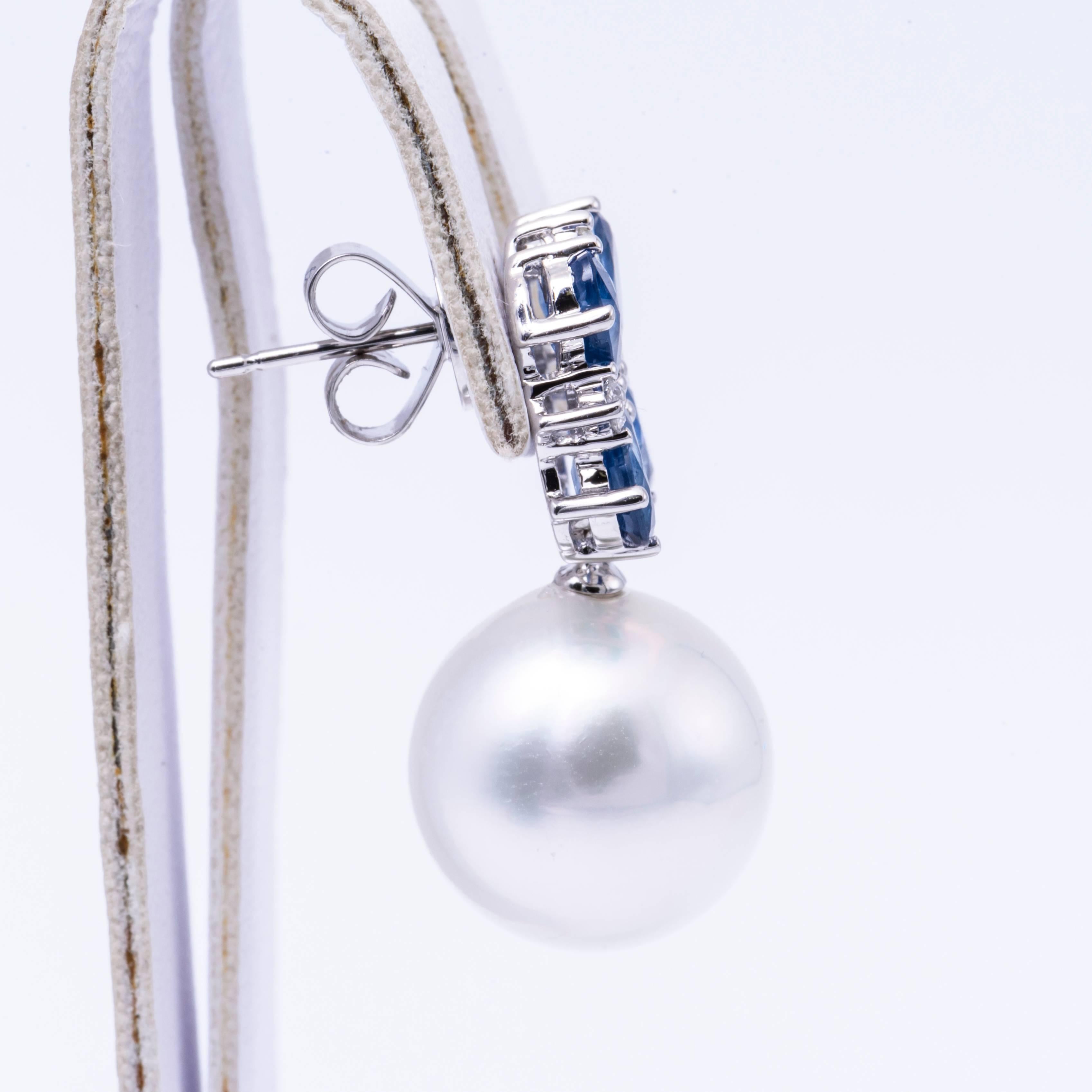 Contemporary South Sea Pearl Diamond & Sapphire Drop Earrings 4.92 CTTW 18KT Gold 13-14 MM For Sale