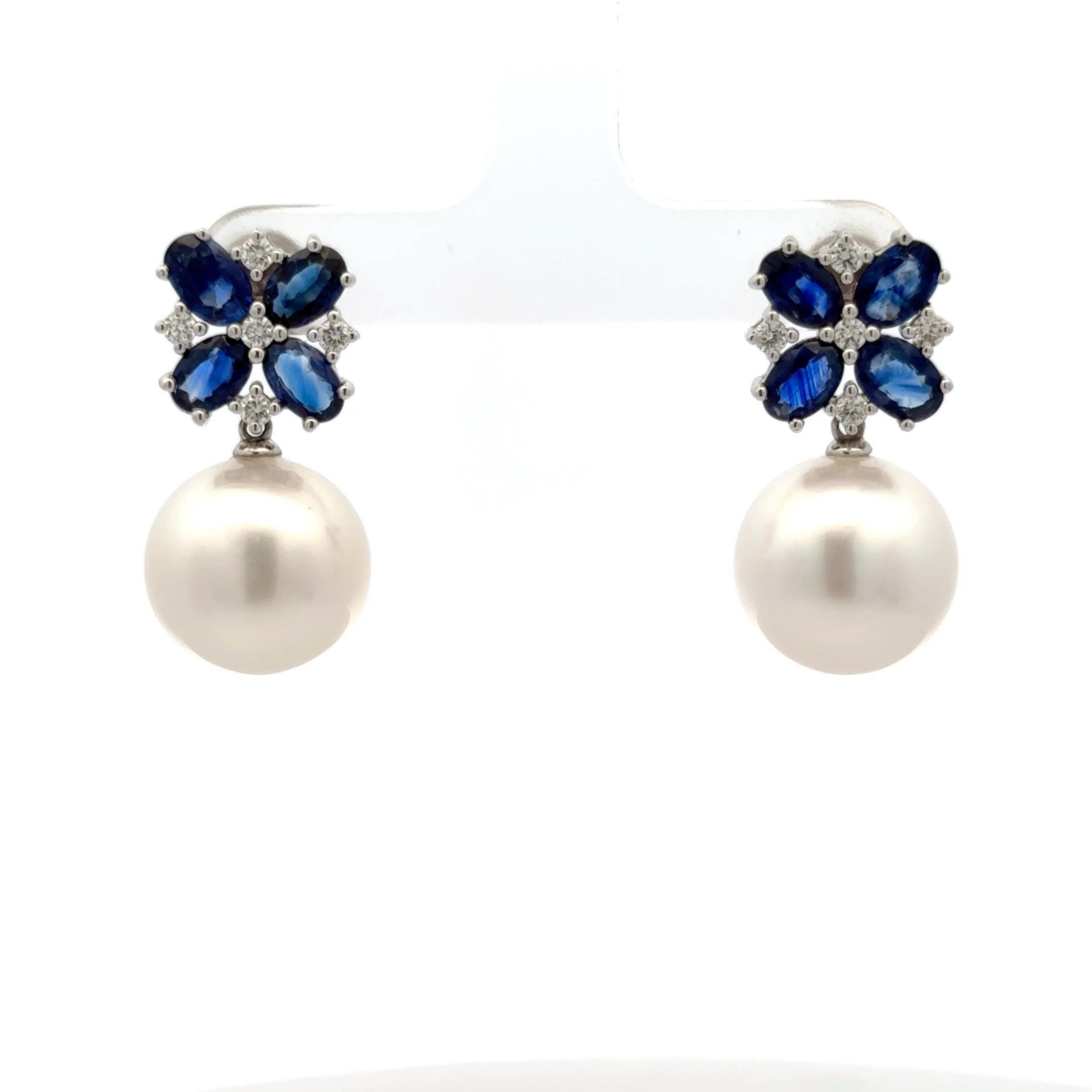 South Sea Pearl Diamond & Sapphire Drop Earrings 4.92 CTTW 18KT Gold 13-14 MM In New Condition For Sale In New York, NY