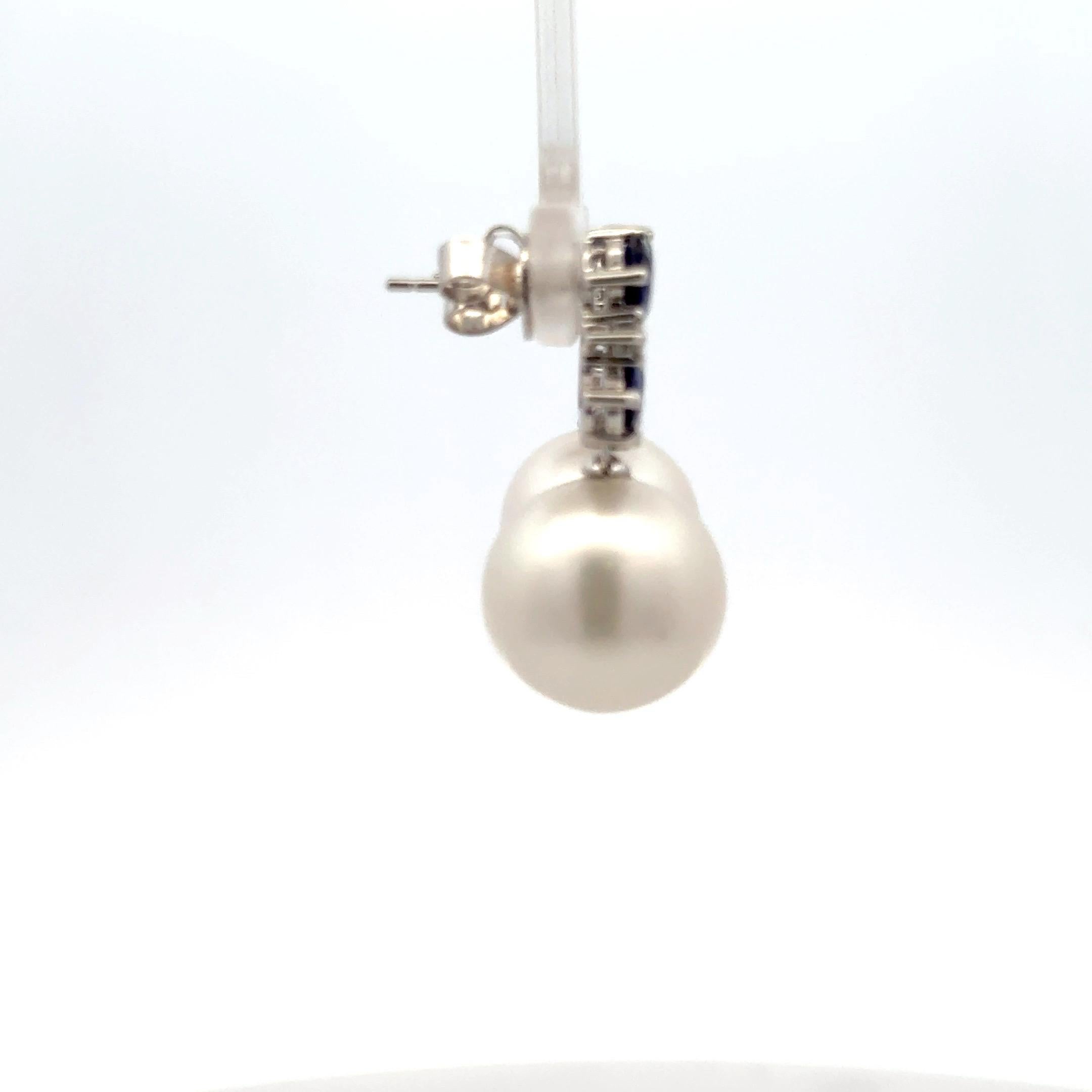 Women's South Sea Pearl Diamond & Sapphire Drop Earrings 4.92 CTTW 18KT Gold 13-14 MM For Sale