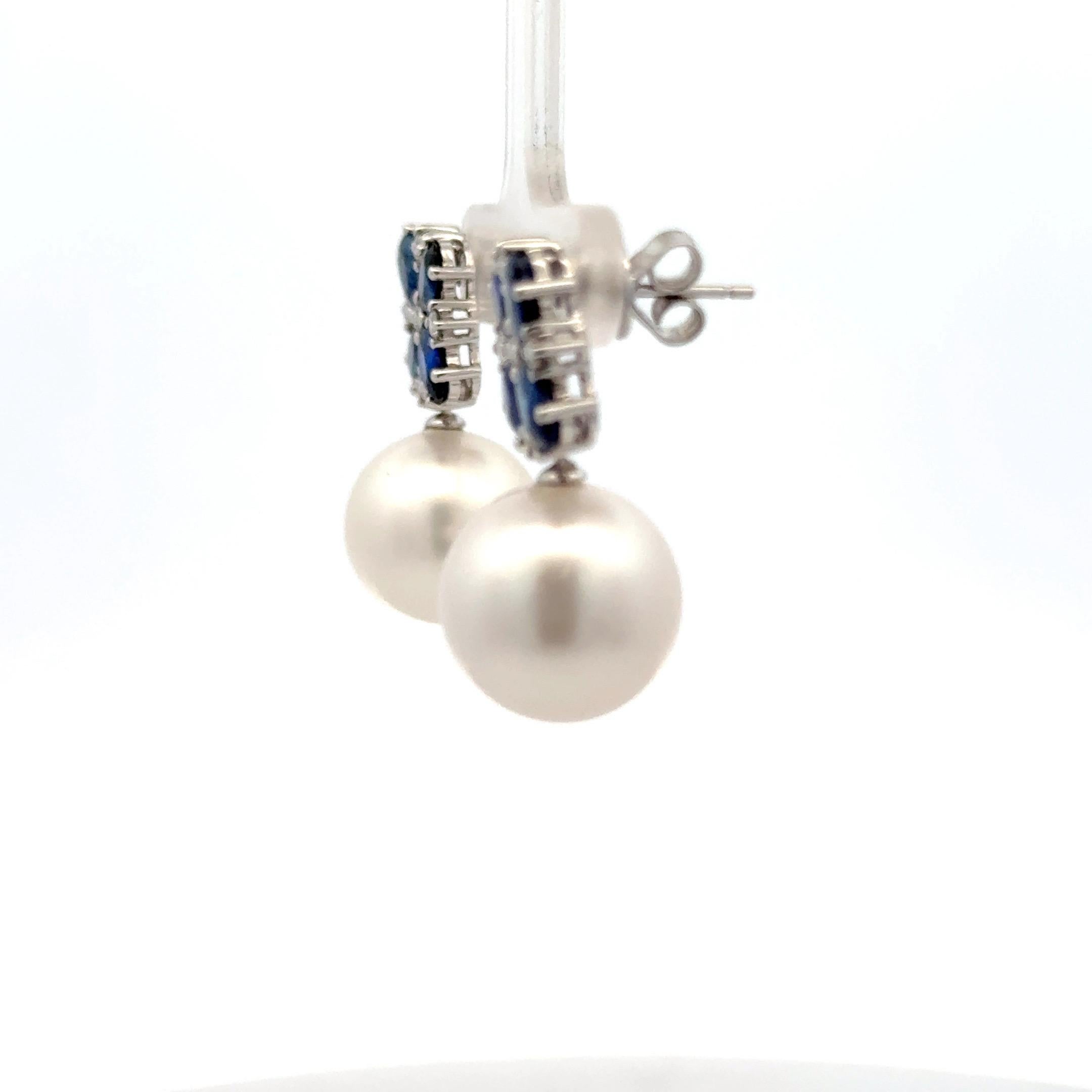 South Sea Pearl Diamond & Sapphire Drop Earrings 4.92 CTTW 18KT Gold 13-14 MM For Sale 1