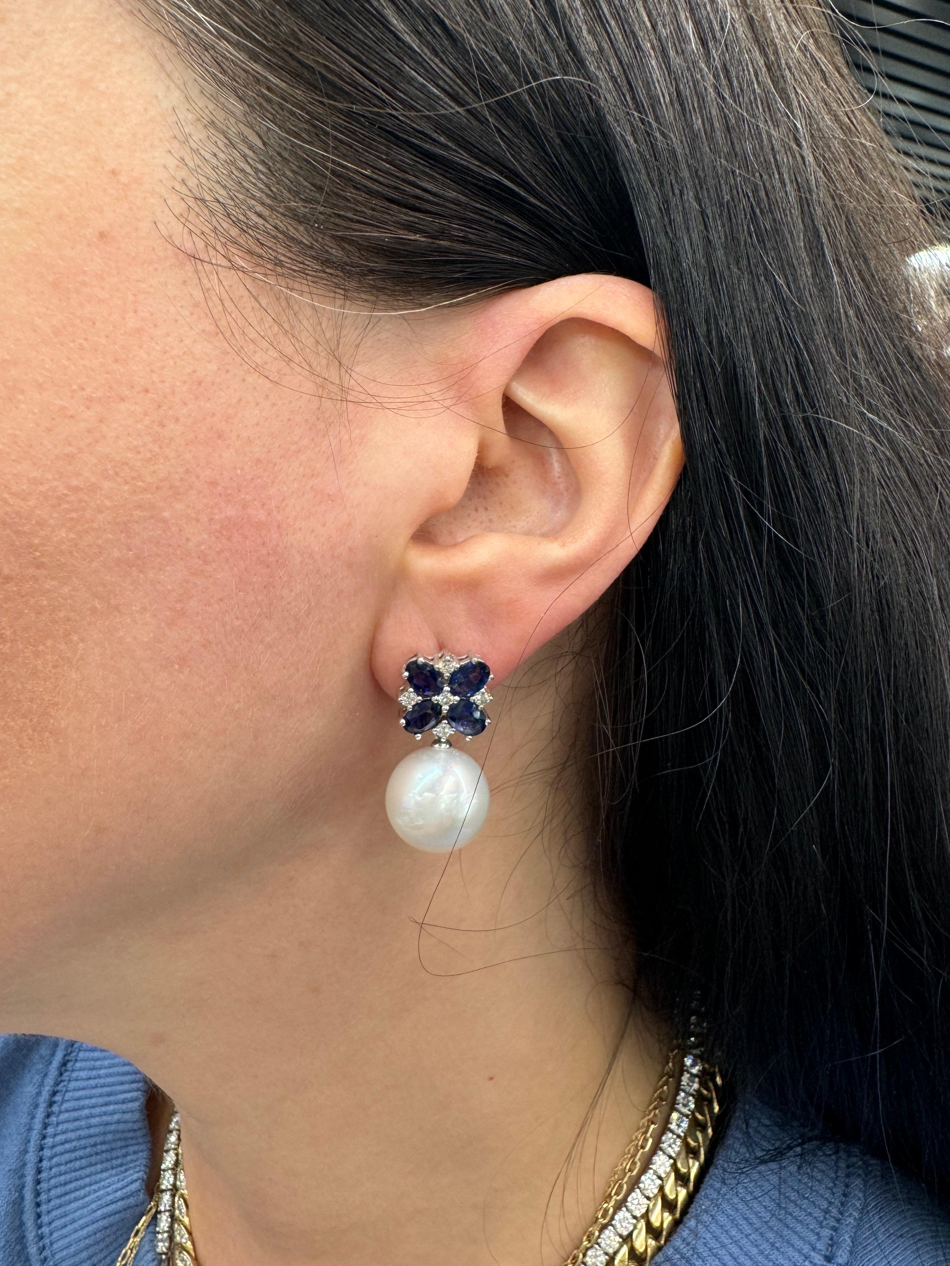 South Sea Pearl Diamond & Sapphire Drop Earrings 4.92 CTTW 18KT Gold 13-14 MM For Sale 2