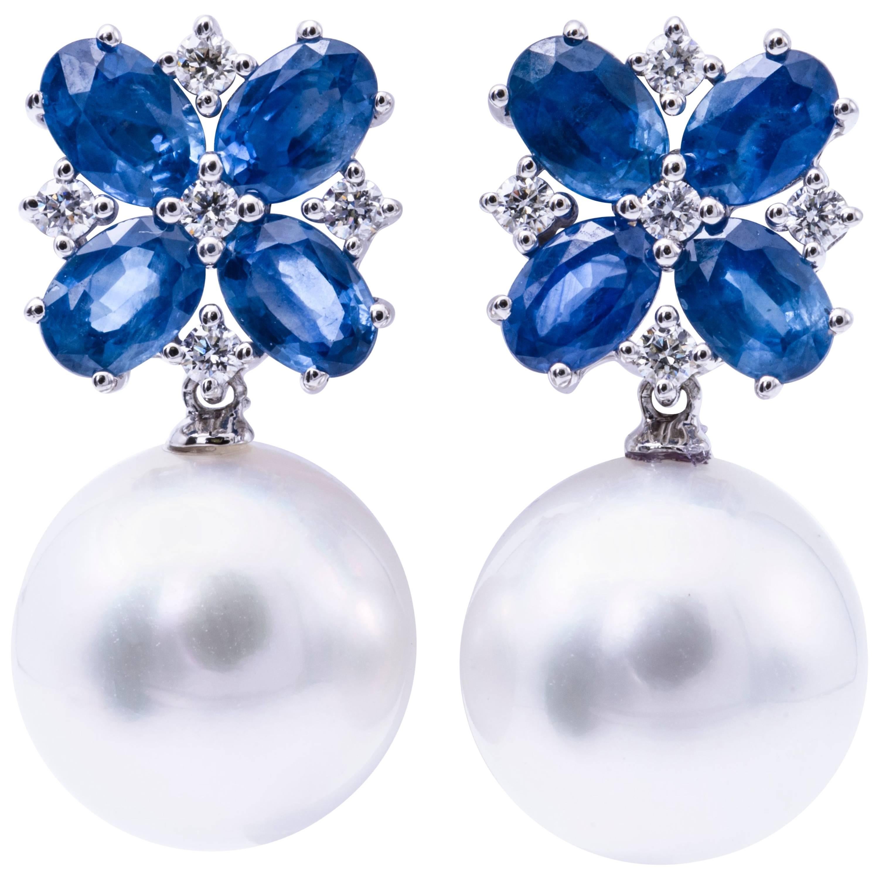 Pendientes Gota Perla Mar del Sur Diamante y Zafiro 4.92 CTTW Oro 18KT 13-14 MM
