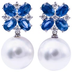 South Sea Pearl Diamond & Sapphire Drop Earrings 4.92 CTTW 18KT Gold 13-14 MM