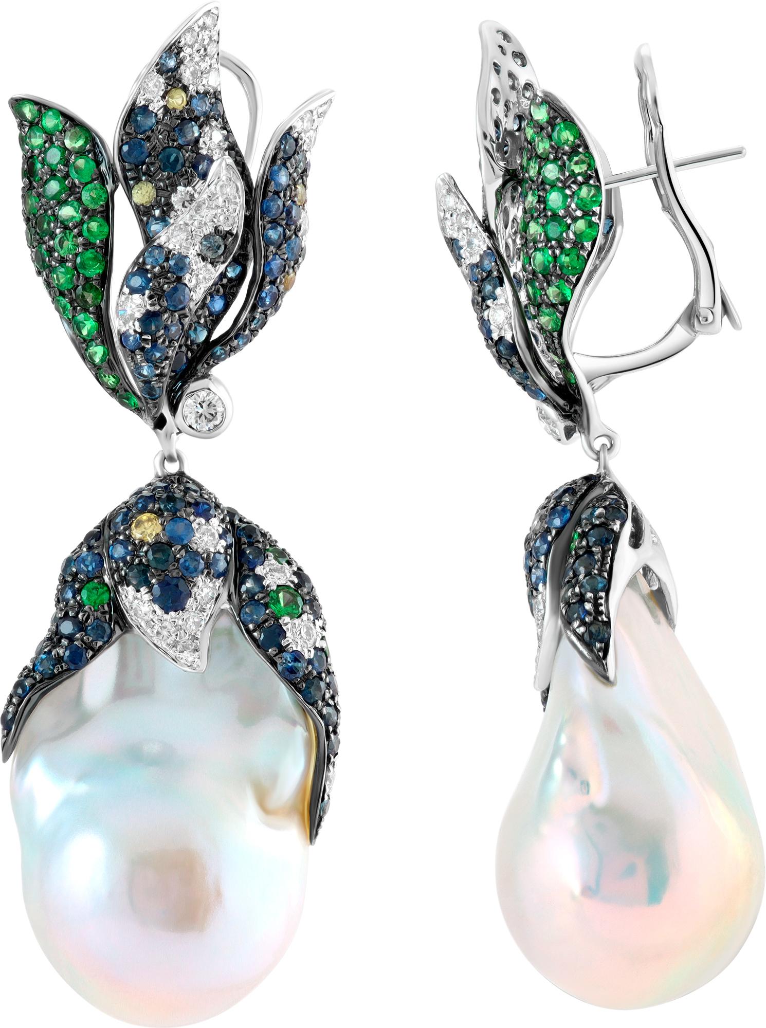 South Sea Pearl, Diamond, Sapphire & Peridot w/ Flame Effect Gold Drop Earrings In Excellent Condition In Surfside, FL