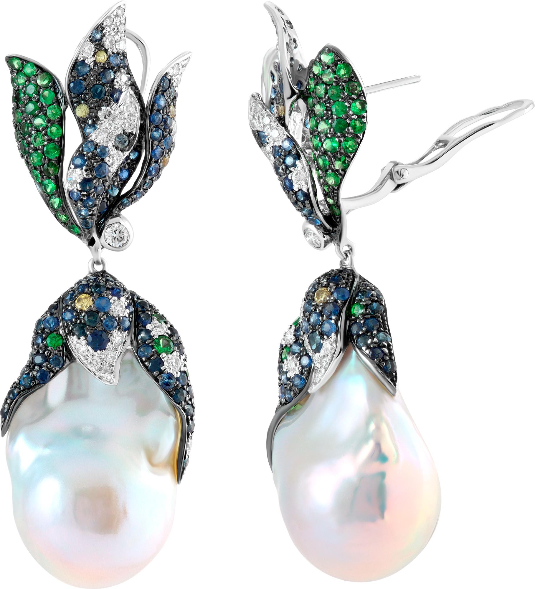 Women's South Sea Pearl, Diamond, Sapphire & Peridot w/ Flame Effect Gold Drop Earrings