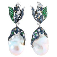 South Sea Pearl, Diamond, Sapphire & Peridot w/ Flame Effect Gold Drop Earrings