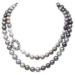 South Sea Pearl Diamond Sapphire Ruby Emerald 18K Gold Oval Clasp Necklace