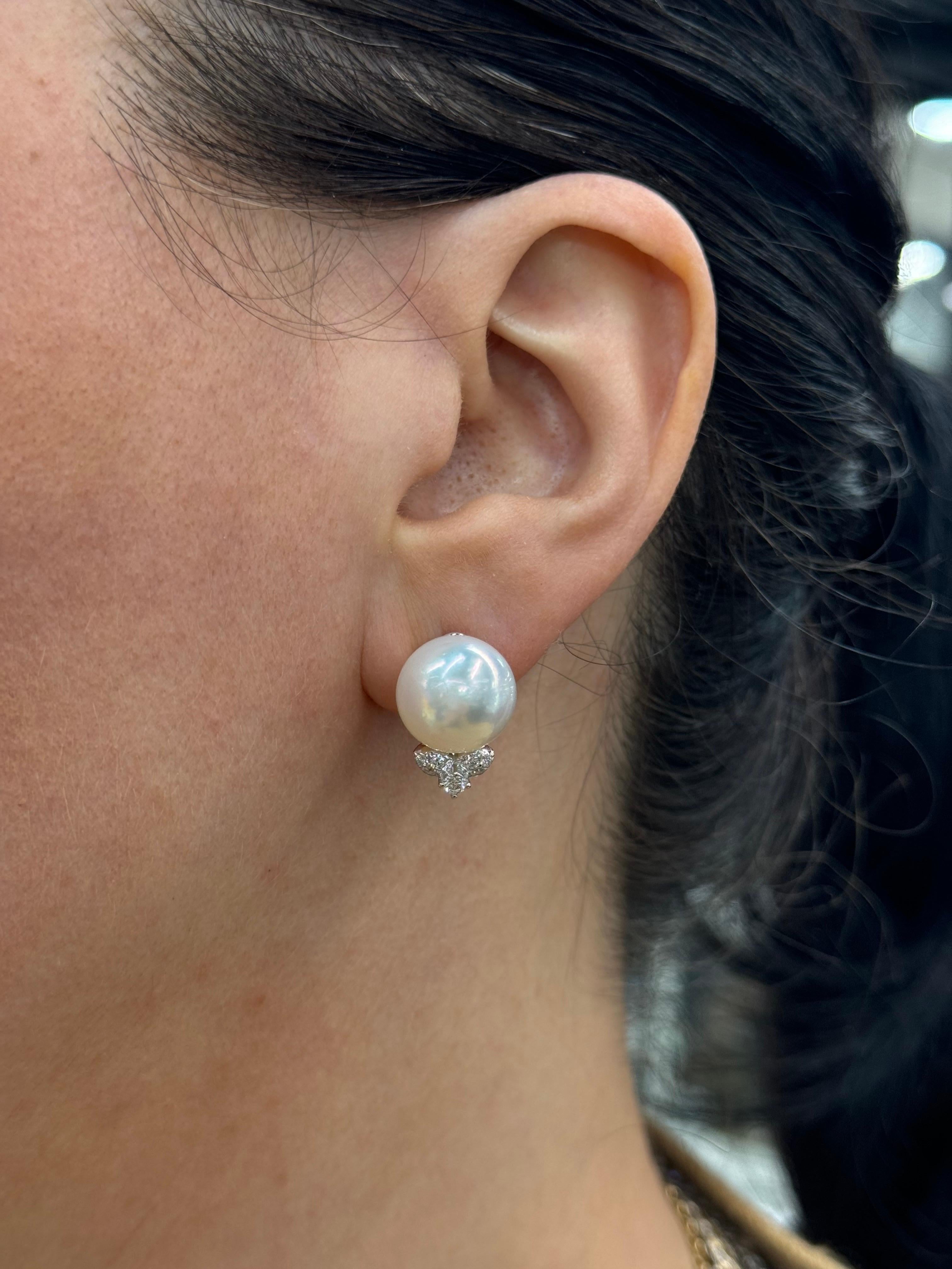 South Sea Pearl Diamond Stud Earrings 0.30 Carats 18 Karat White Gold 12-13 MM In New Condition For Sale In New York, NY
