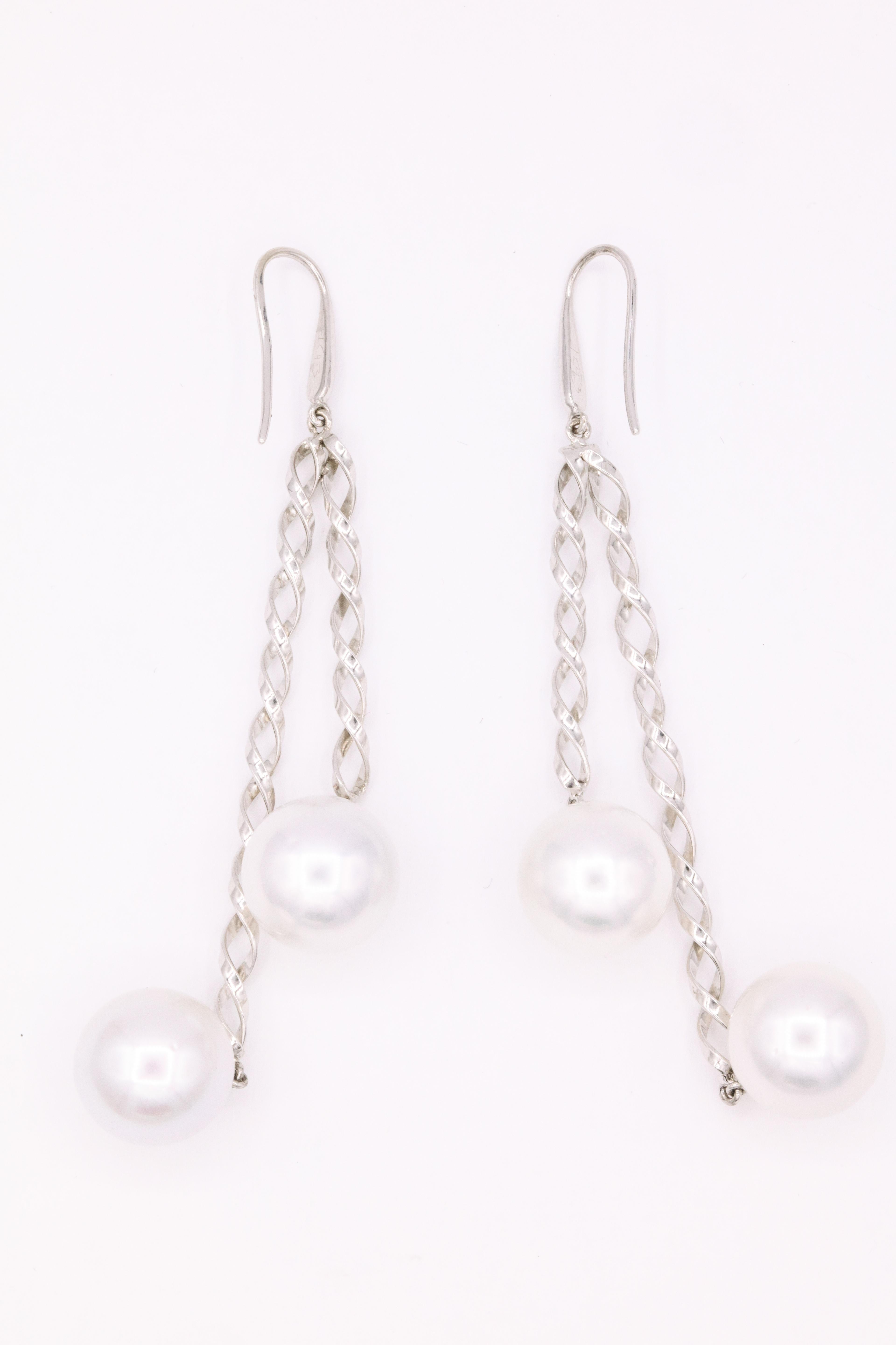 South Sea Pearl Diamond Swirl Drop Earrings 0.10 Carats 14 Karat White Gold For Sale 4