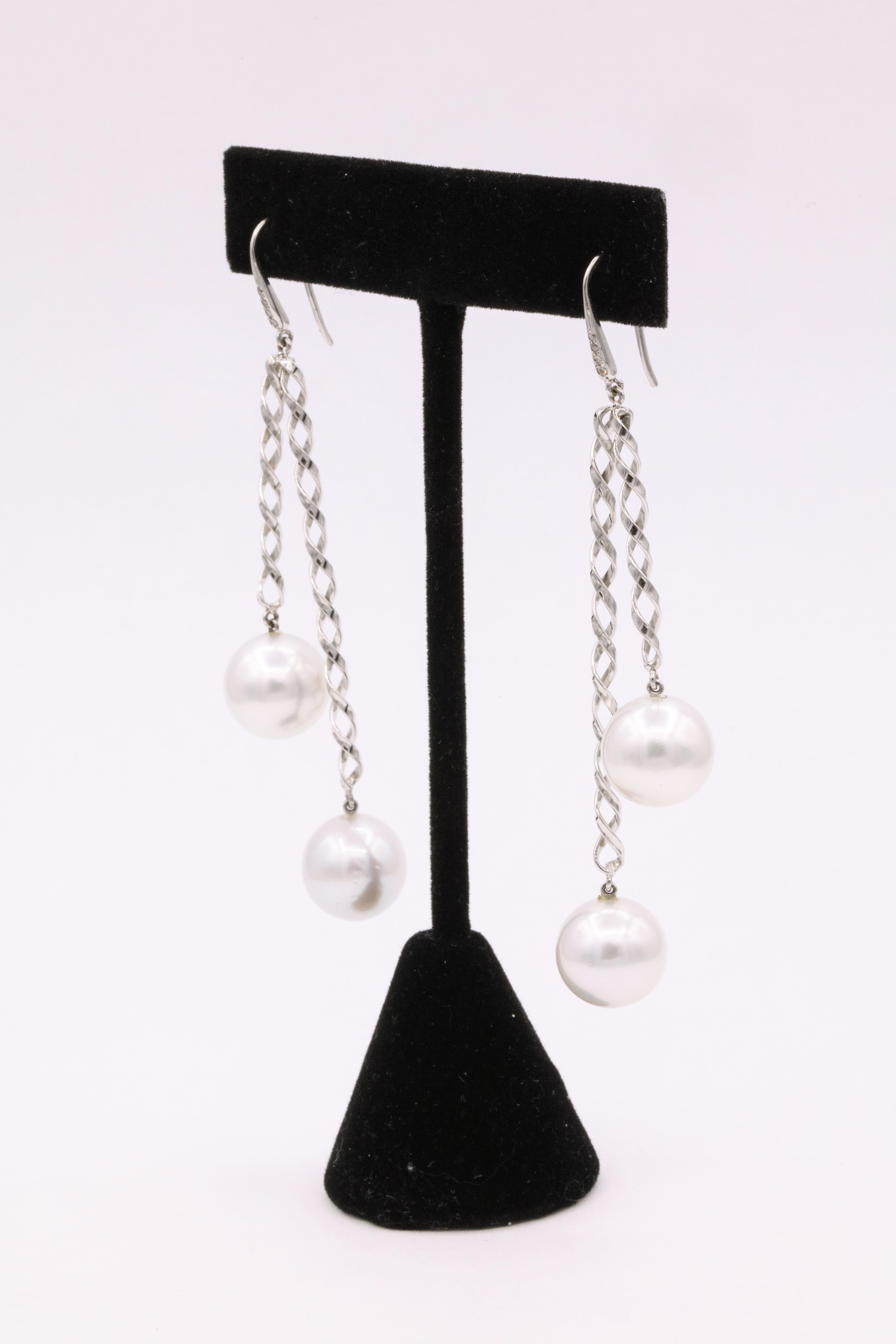 Round Cut South Sea Pearl Diamond Swirl Drop Earrings 0.10 Carats 14 Karat White Gold For Sale