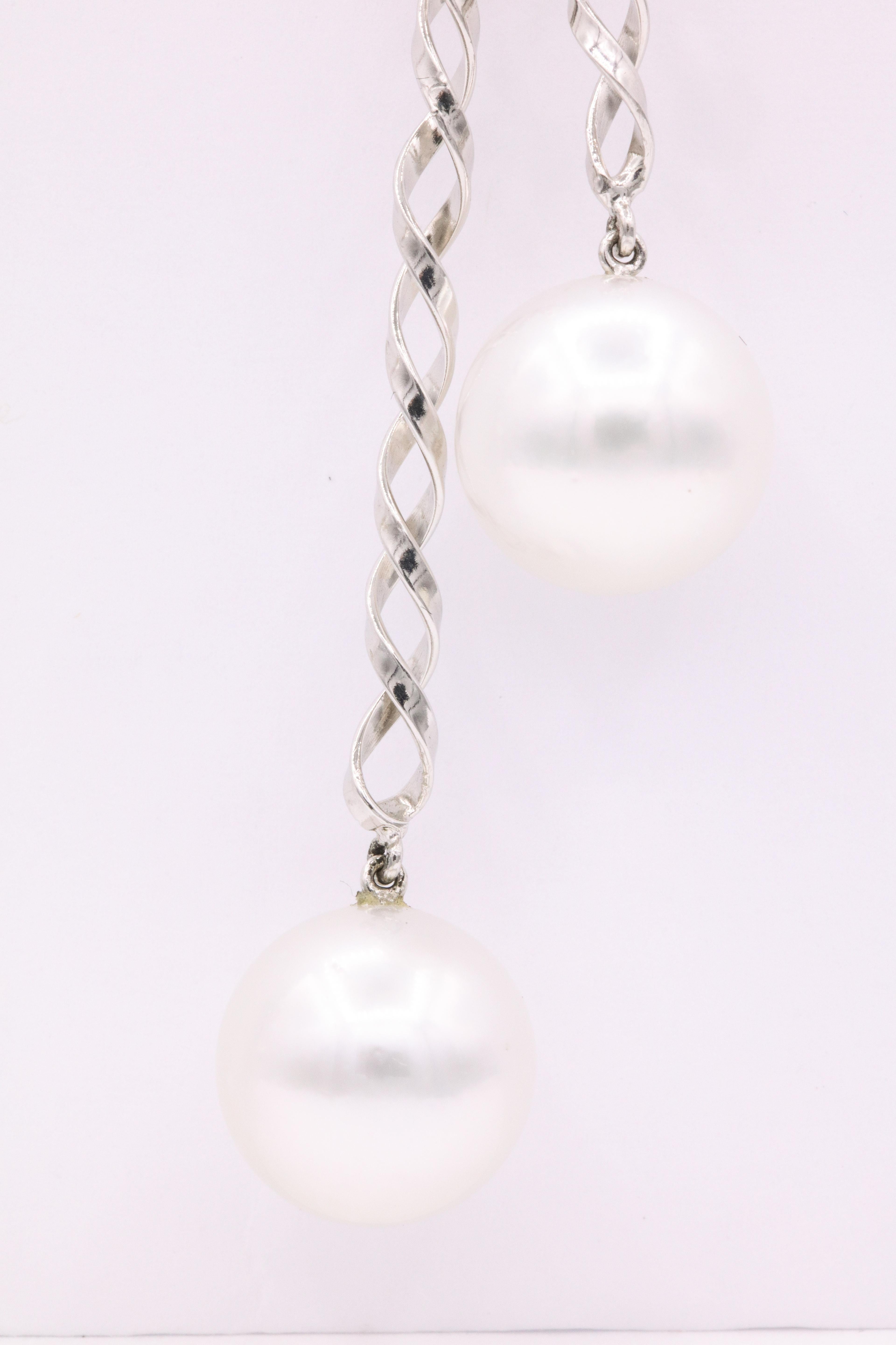 South Sea Pearl Diamond Swirl Drop Earrings 0.10 Carats 14 Karat White Gold For Sale 1