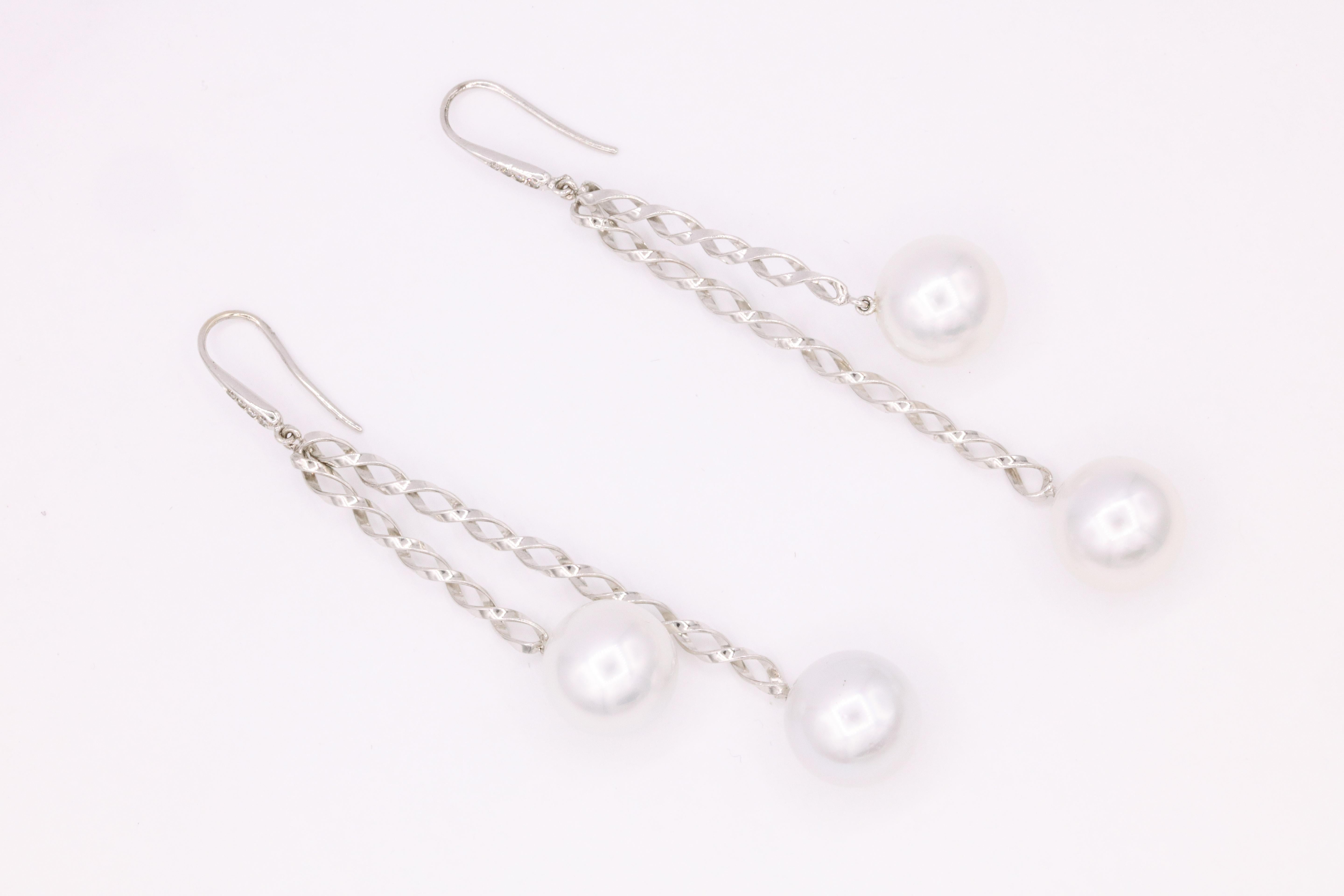 South Sea Pearl Diamond Swirl Drop Earrings 0.10 Carats 14 Karat White Gold For Sale 3