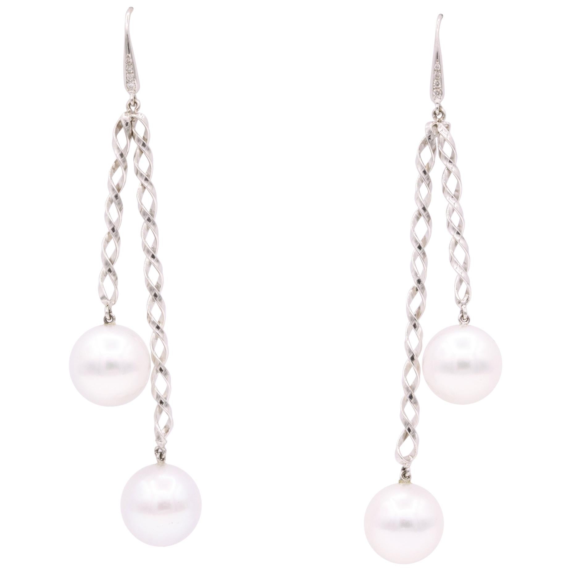 South Sea Pearl Diamond Swirl Drop Earrings 0.10 Carats 14 Karat White Gold For Sale