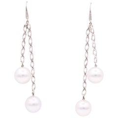 South Sea Pearl Diamond Swirl Drop Earrings 0.10 Carats 14 Karat White Gold