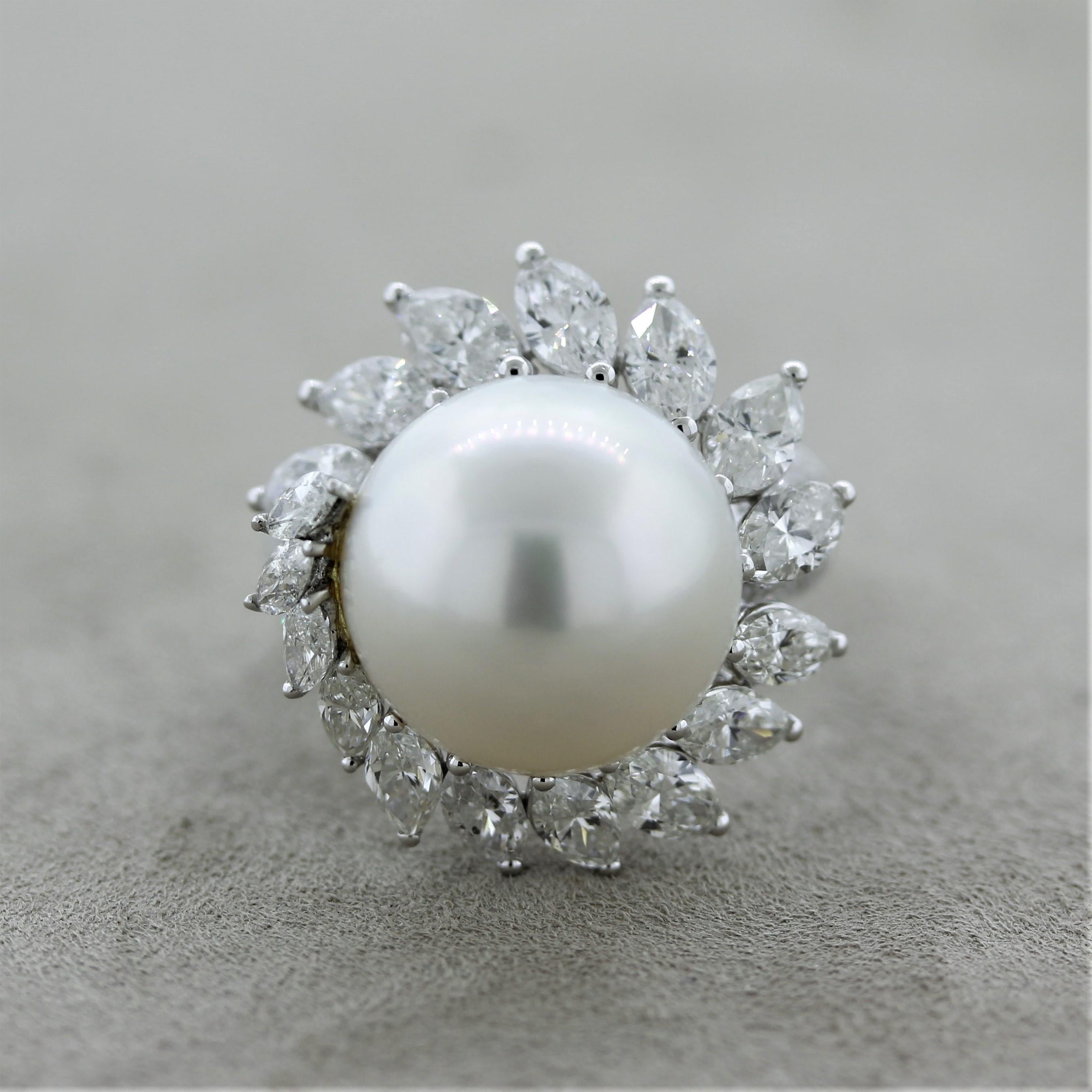 Mixed Cut South Sea Pearl Diamond Swirl Gold Cocktail Ring For Sale