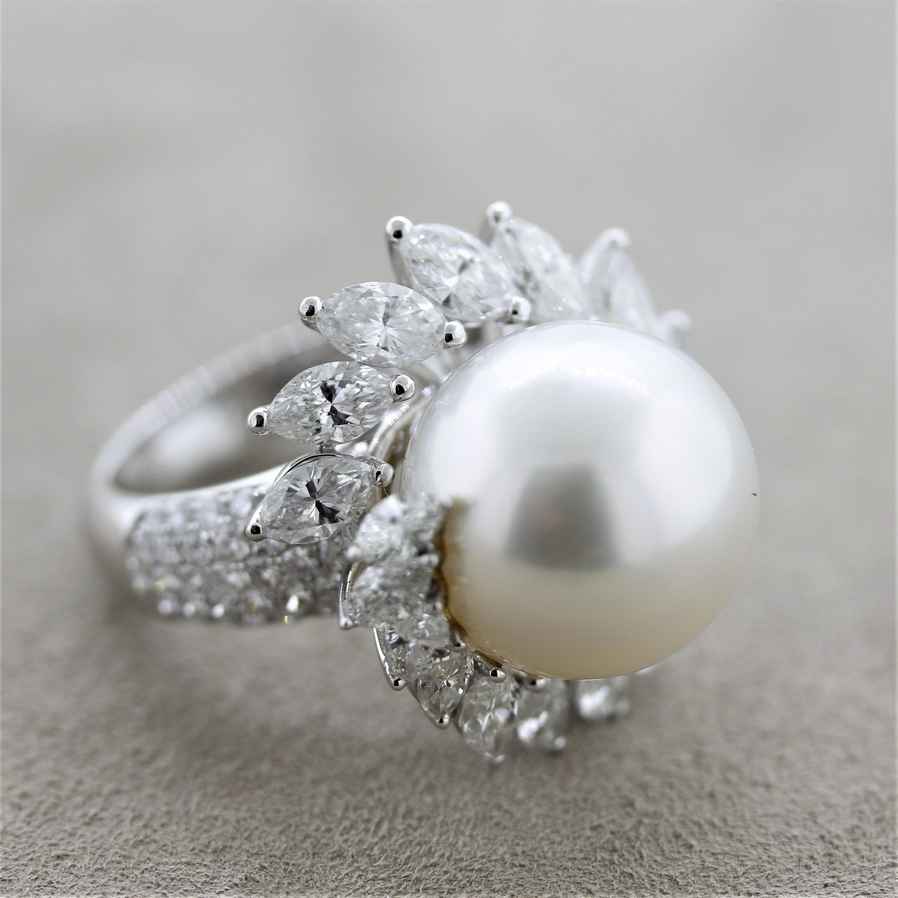 South Sea Pearl Diamond Swirl Gold Cocktail Ring For Sale 1