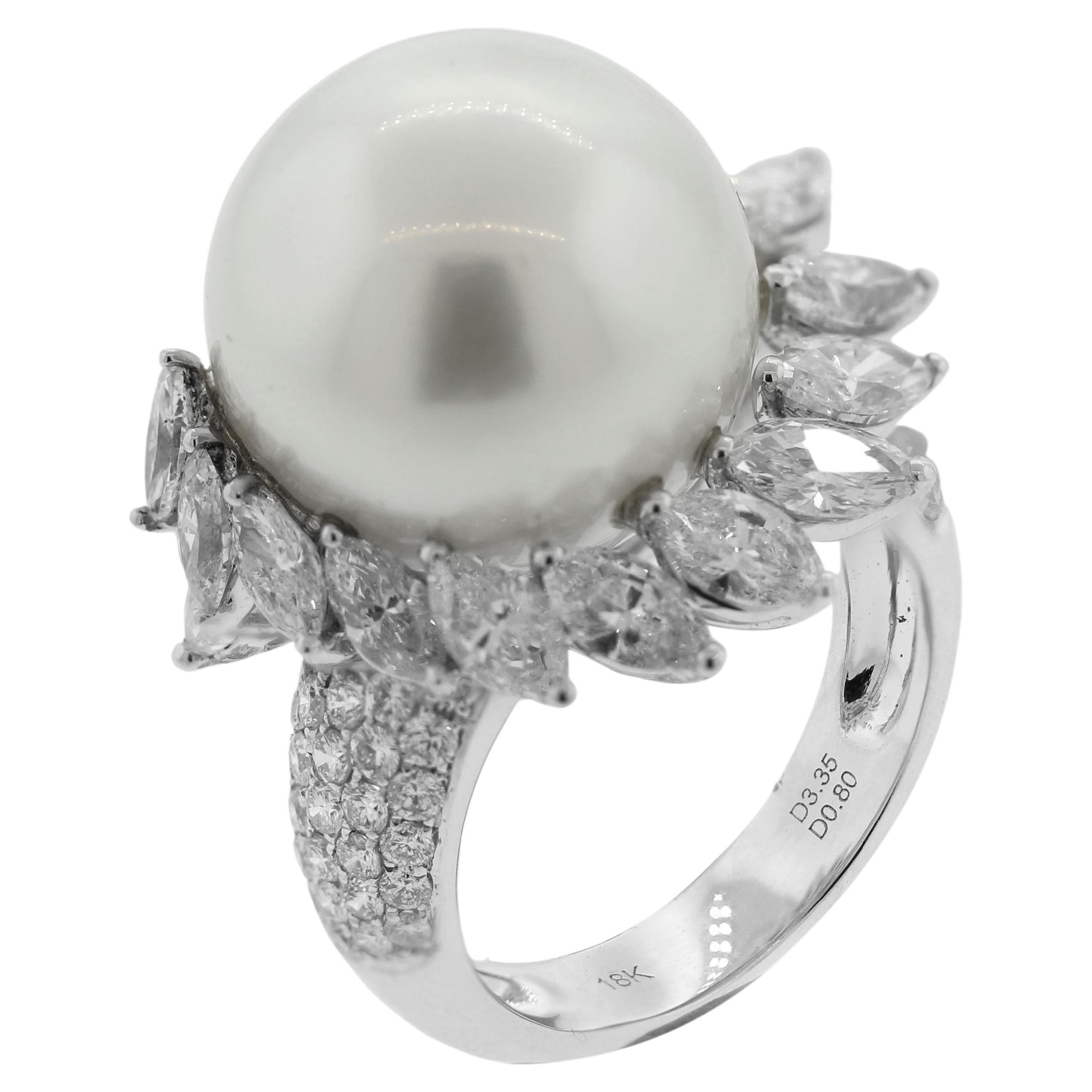 South Sea Pearl Diamond Swirl Gold Cocktail Ring For Sale