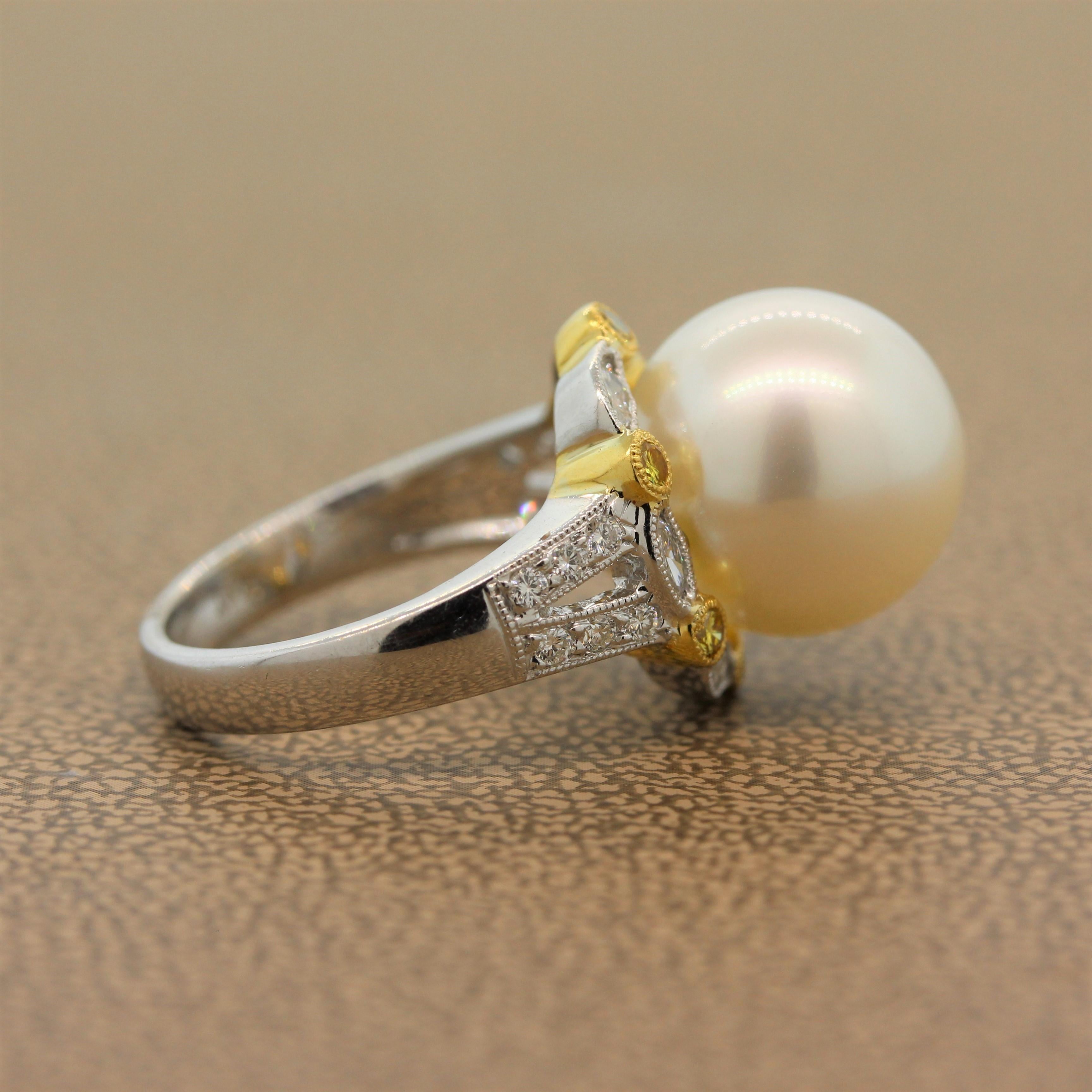 Women's South Sea Pearl Diamond Two-Tone Gold Ring For Sale
