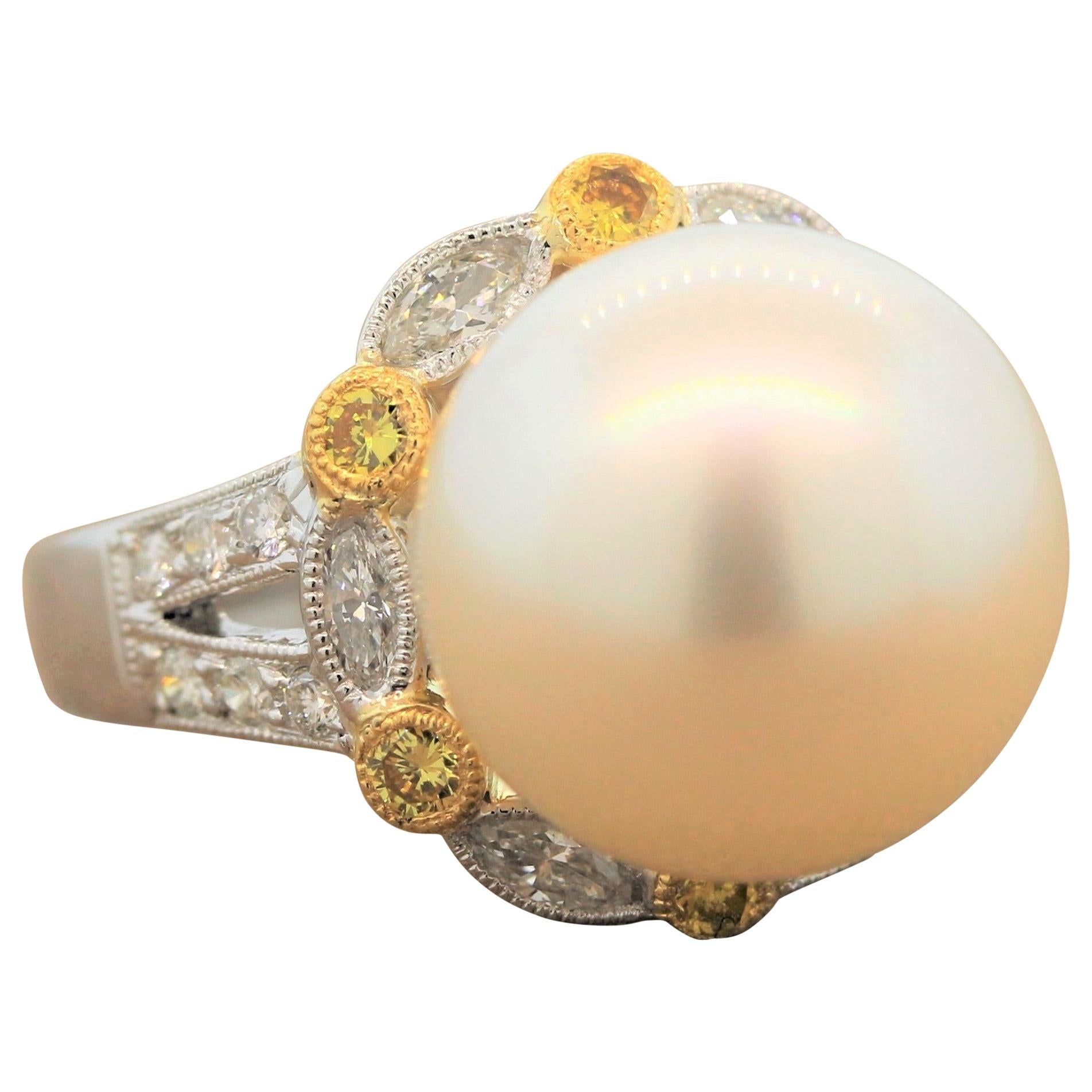 South Sea Pearl Diamond Two-Tone Gold Ring For Sale