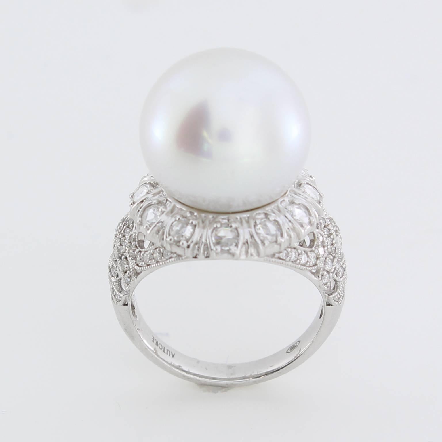 Contemporary Autore South Sea Pearl Diamond White Gold Cocktail Ring For Sale