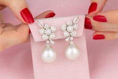 South Sea Pearl Diamond White Gold Earrings Flower Design by Ella Gafter
