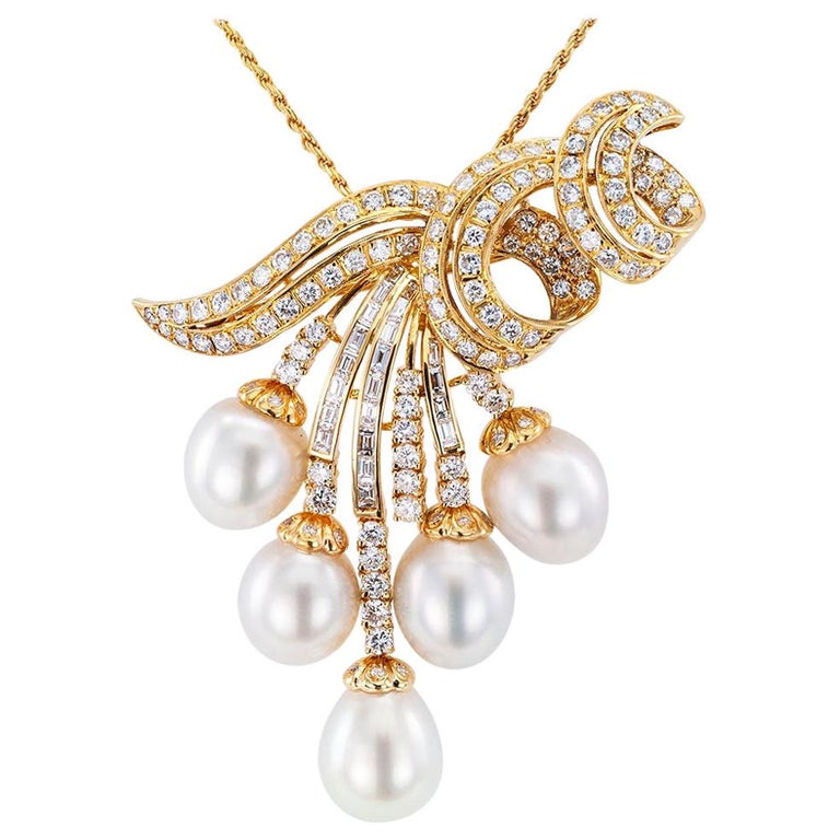 South Sea Pearl Diamond Yellow Gold Brooch Pendant at 1stDibs
