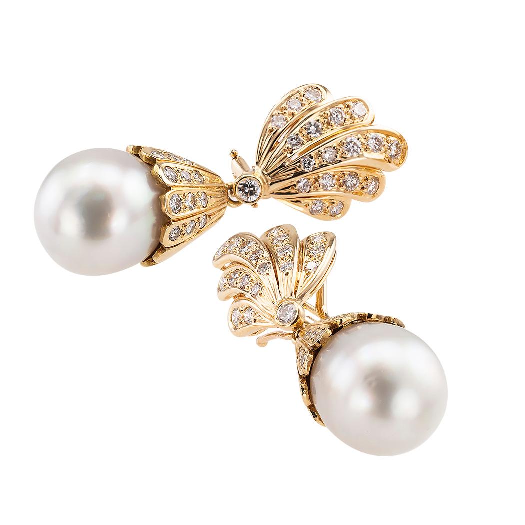 Contemporary South Sea Pearl Diamond Yellow Gold Day into Night Drop Earrings