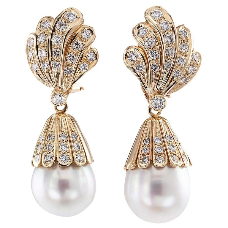South Sea Pearl Diamond Yellow Gold Day into Night Drop Earrings at 1stDibs