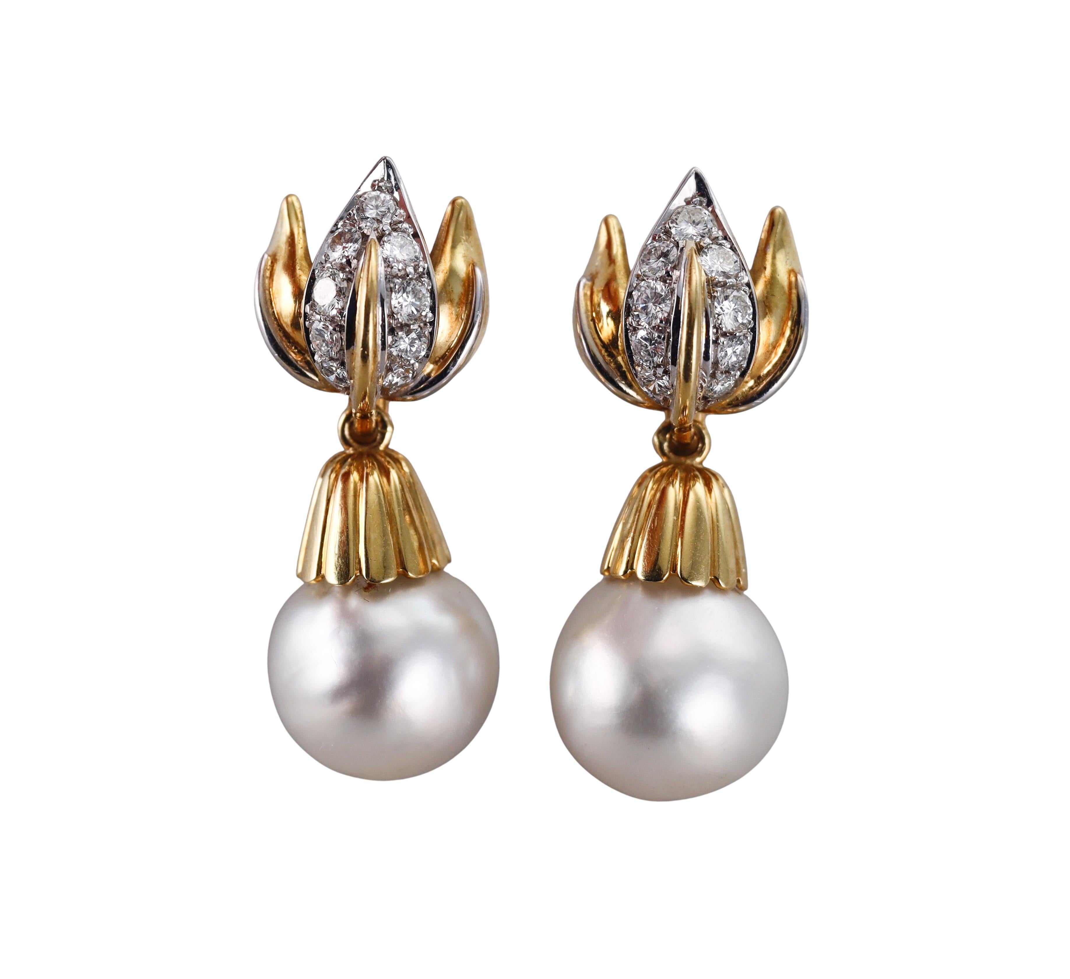 Round Cut South Sea Pearl Diamond Yellow Gold Drop Earrings For Sale