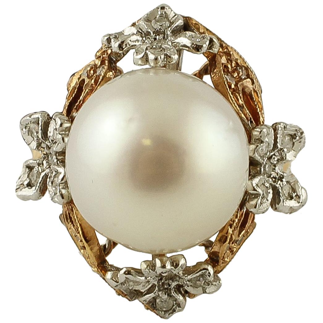 South Sea Pearl, Diamonds, 14 Karat Rose Gold Retro Ring