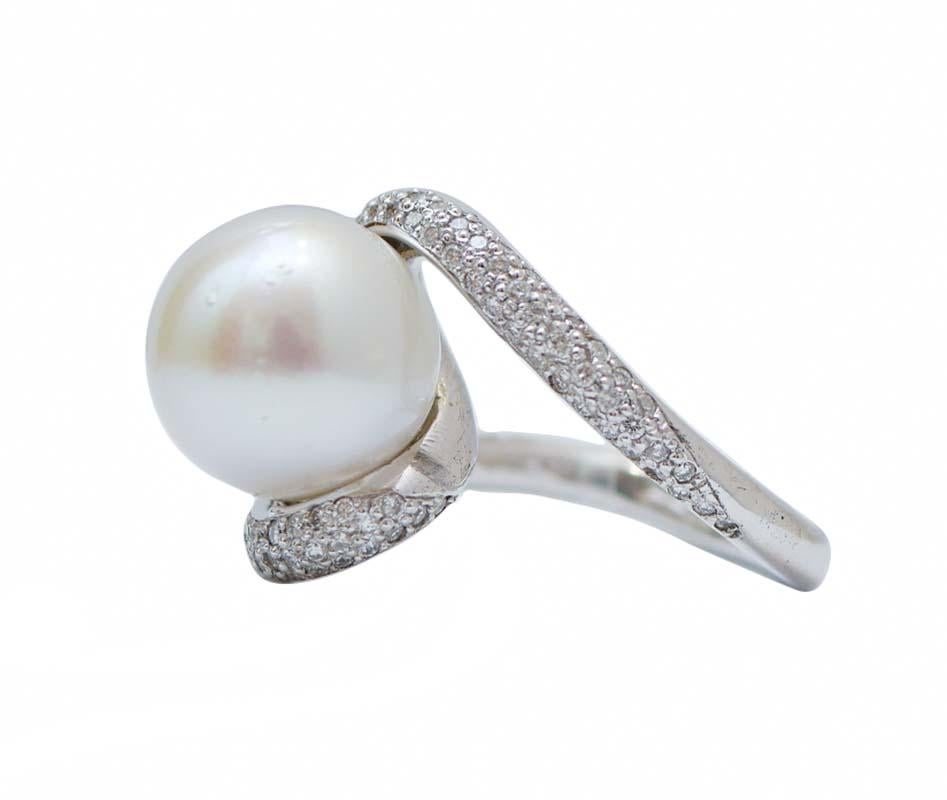 Retro South-Sea Pearl, Diamonds, 14 Karat White Gold Ring. For Sale
