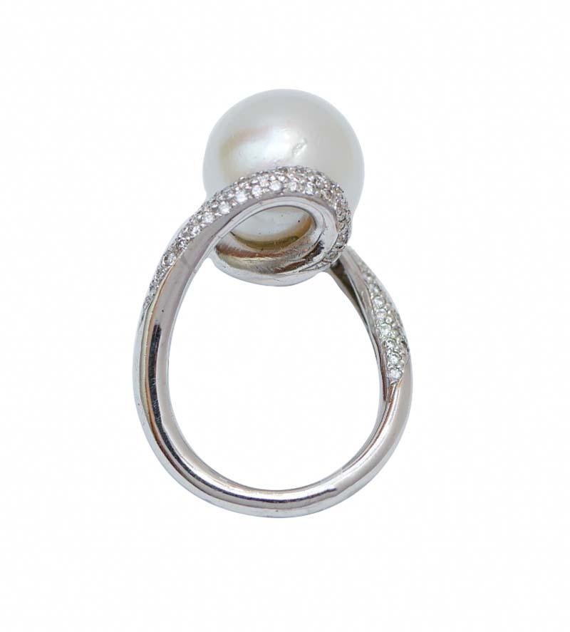 Mixed Cut South-Sea Pearl, Diamonds, 14 Karat White Gold Ring. For Sale