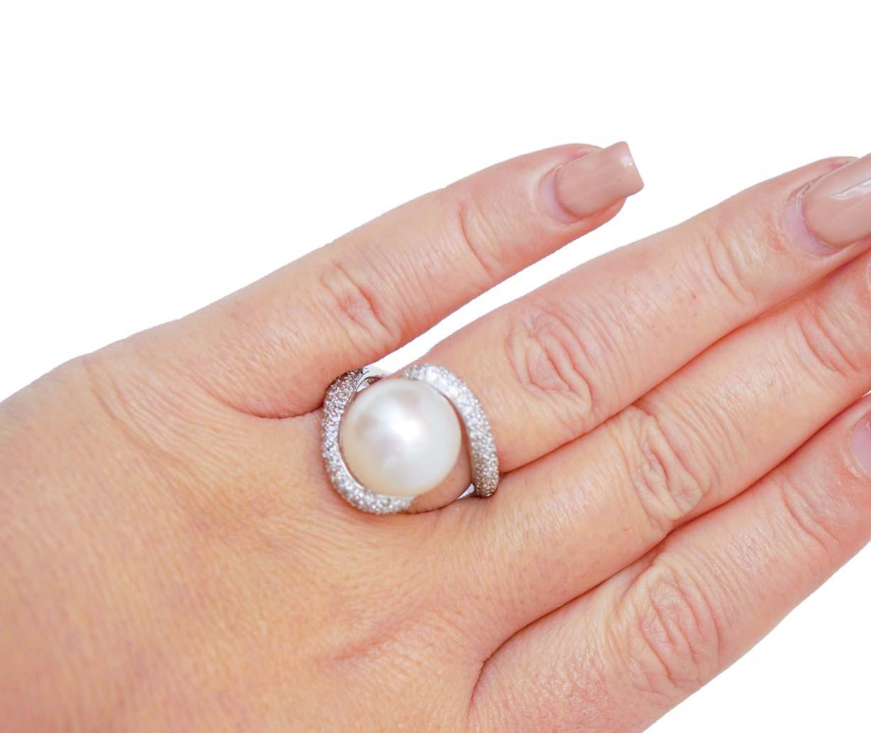 Women's South-Sea Pearl, Diamonds, 14 Karat White Gold Ring. For Sale