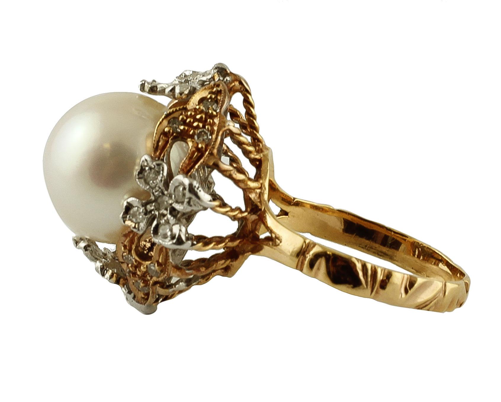 Retro Pearl ring realized in 14k rose gold, mounted with a central south sea pearl (13mm) surrounded by flowery details in white and rose gold studded with diamonds. 
This ring is totally handmade by Italian master goldsmiths
Diamonds 0.54 ct
Pearl