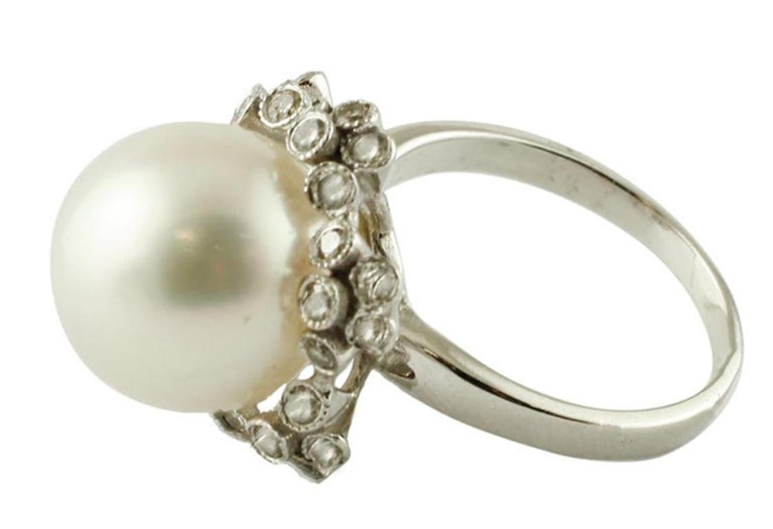 Rétro Anello con perle dei mari del sud, diamanti, oro bianco 14 carati in vendita