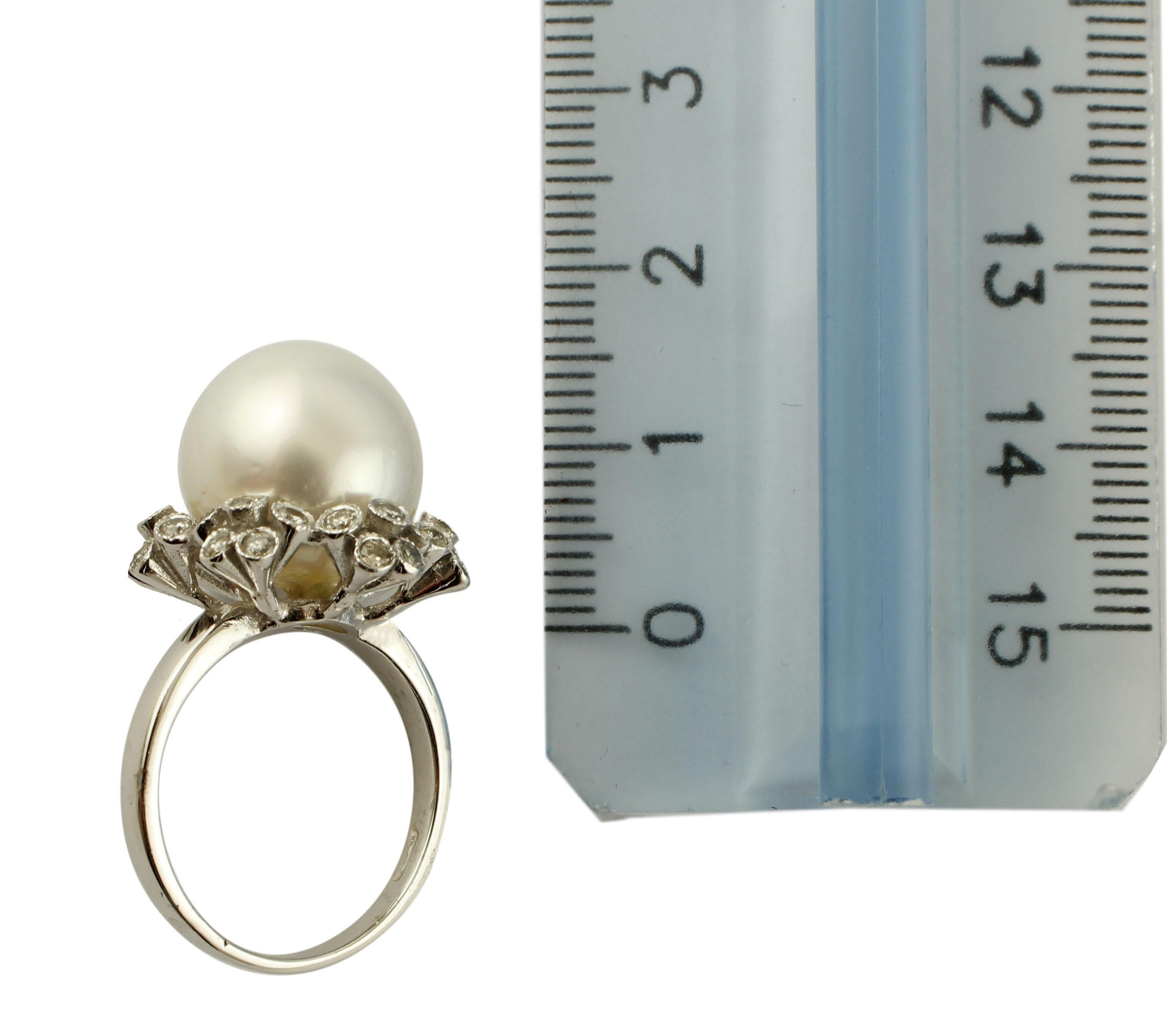 Women's South Sea Pearl, Diamonds, 14 Karat White Gold, Ring