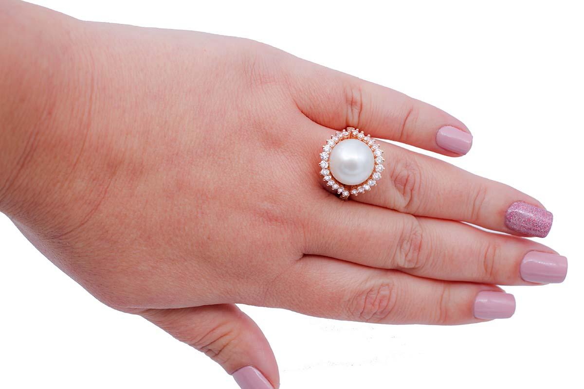 Mixed Cut South-Sea Pearl, Diamonds, 18 Karat Rose Gold Ring For Sale