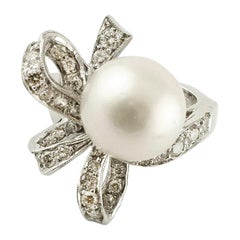 South Sea Pearl, Diamonds, 18 Karat White Gold Ring