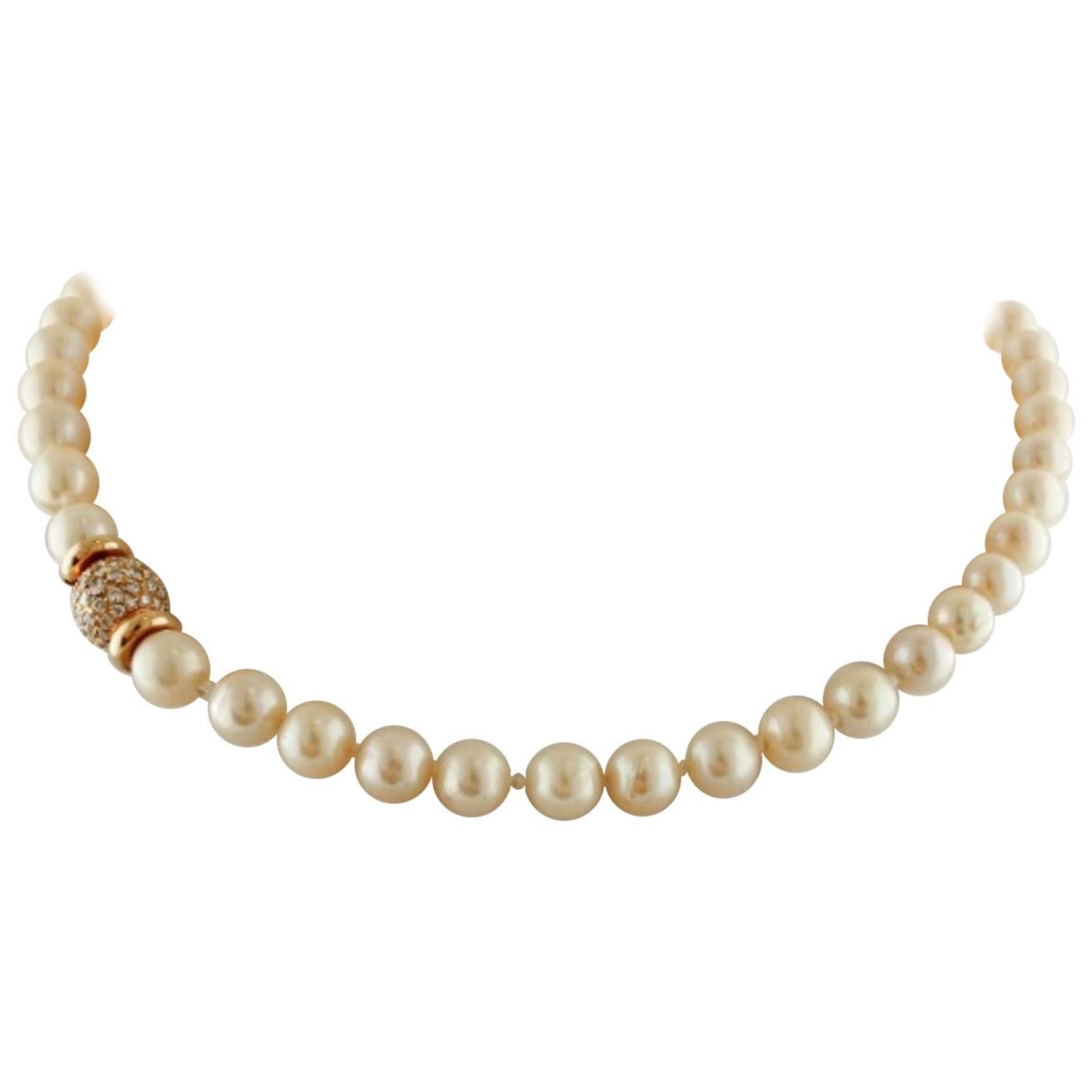 South Sea Pearl, Diamonds, 18 Karat Yellow Gold Beaded Necklace For Sale