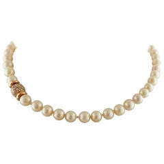 Retro South Sea Pearl, Diamonds, 18 Karat Yellow Gold Beaded Necklace