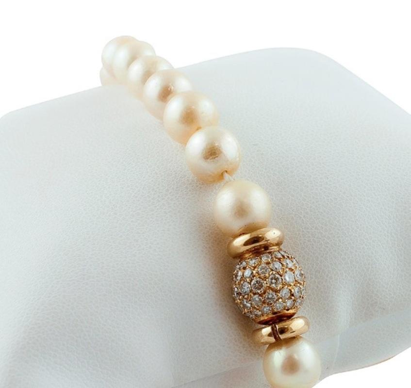 Retro South Sea Pearl, Diamonds, 18 Karat Yellow Gold Beaded Necklace For Sale