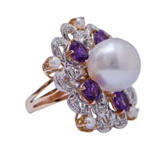 South-Sea Pearl, Diamonds, Amethysts, Pearls, 14Kt Rose Gold and White Gold Ring