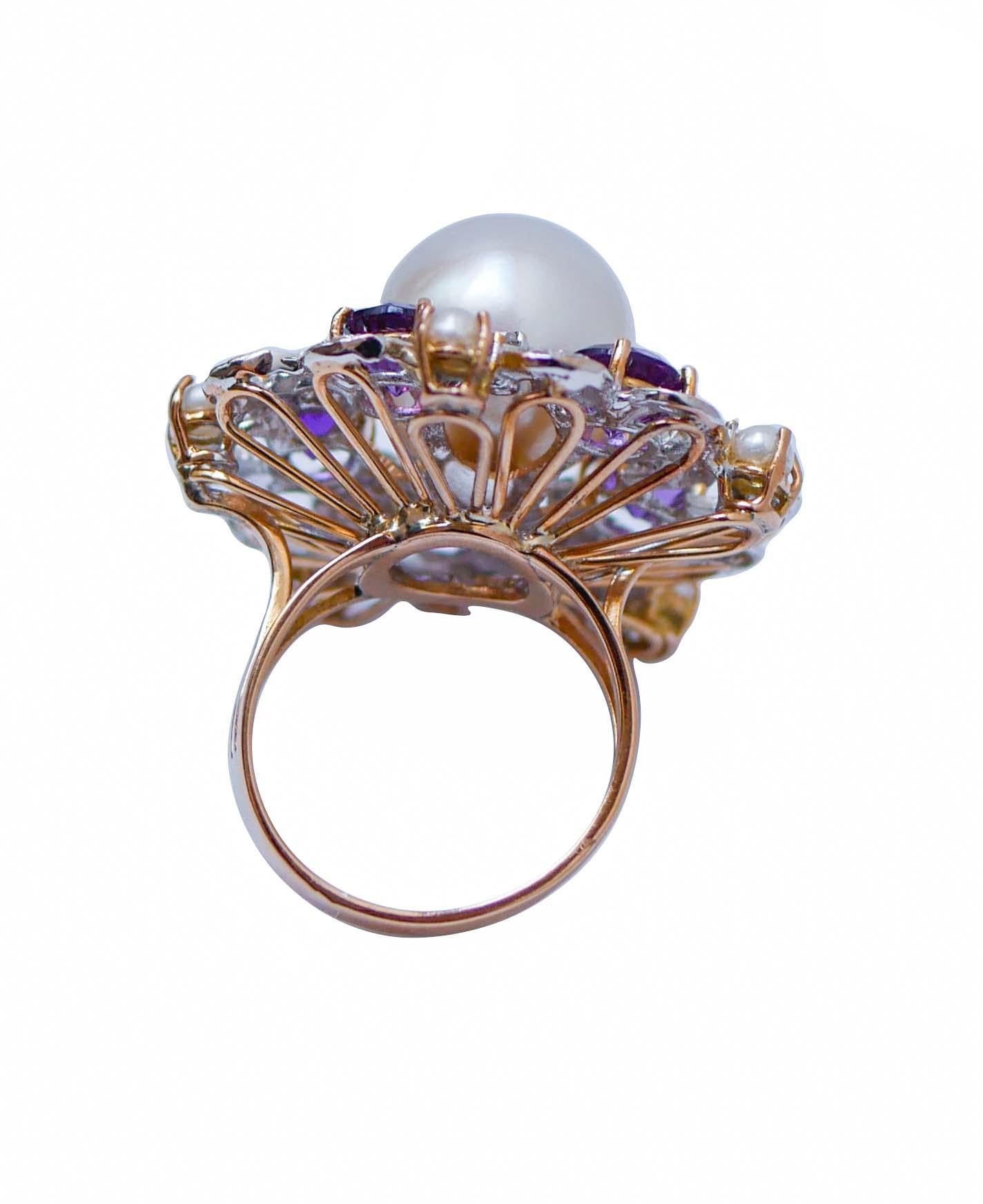 Retro South-Sea Pearl, Diamonds, Amethysts, Pearls, 14Kt Rose Gold and White Gold Ring For Sale